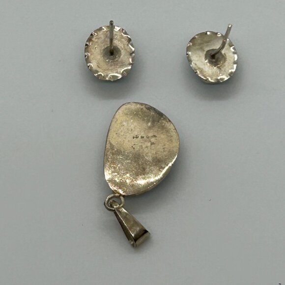 Vintage Sterling Silver Larimar Pendant Earring Set 925 Blue Pectolite Cabochon - Picture 4 of 11